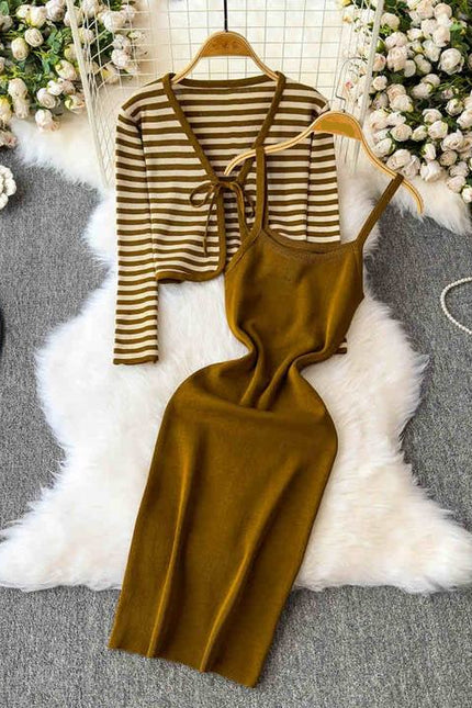 Striped Cardigan Coat Two-piece Dress for Women Vintage Charm Elegant Temperament Slimming Effect Sexy Form-fitting Maxi Dress