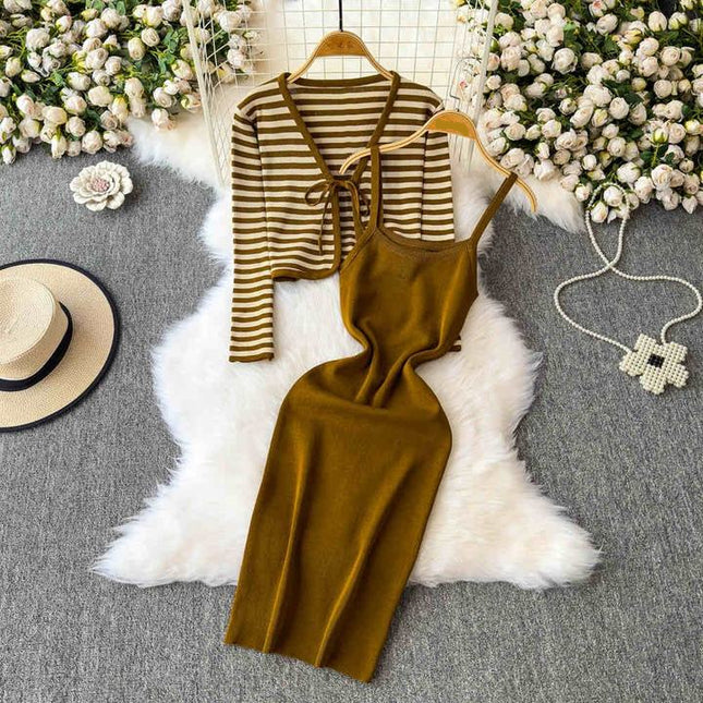 Striped Cardigan Coat Two-piece Dress for Women Vintage Charm Elegant Temperament Slimming Effect Sexy Form-fitting Maxi Dress