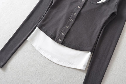 6 Colorway Buttons up Long Sleeve Knitted Solid Color Patchwork Design Casual Fashion Women t Shirt