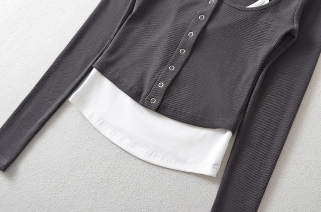 6 Colorway Buttons up Long Sleeve Knitted Solid Color Patchwork Design Casual Fashion Women t Shirt