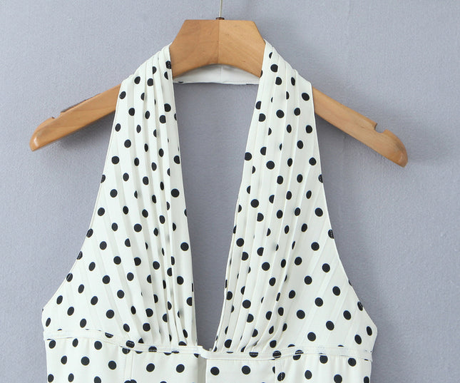 Back Hollow Out White Black Color Polka Dot Print Hot Sale Casual Fashion Summer Mini Halter Dress for Women