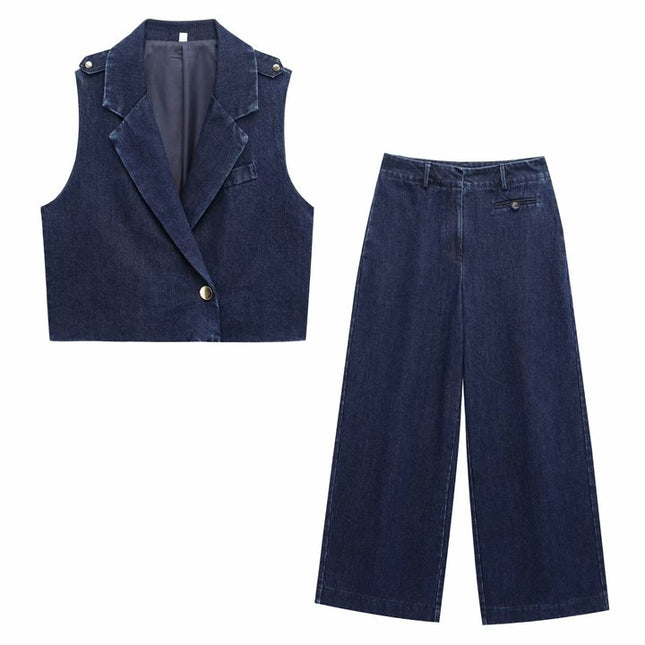 Single Button Denim Blue Color Notched Collar Casual Fashion Jeans Vest Waistcoat for Women