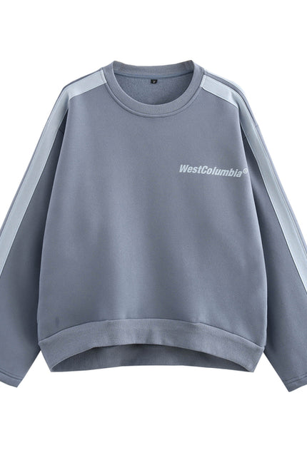 Front Letter Print Gray Color Crew Neck Long Sleeve Casual Fashion Sweatshirt for Women