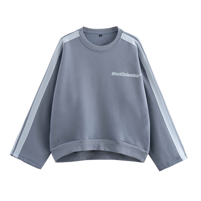 Front Letter Print Gray Color Crew Neck Long Sleeve Casual Fashion Sweatshirt for Women