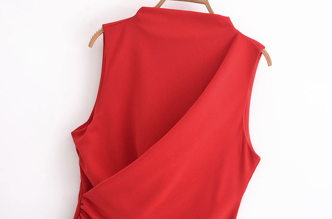 5 Colorway Pleated Sleeveless Solid Color Crew Neck Casual Fashion Summer Long Dress for Women