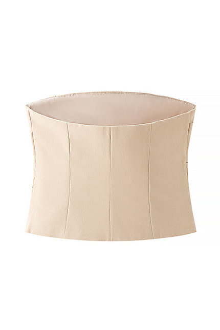 Pleated Strapless Crop tank Top Beige Color Zipper Fly Long Pants Casual Fashion Women 2 Piece Set