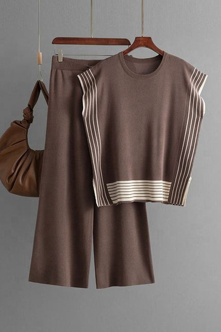 Fashion Suit Women's Striped Splicing Crew-neck Loose Knit Two-piece Set of High-waisted Straight Leg Wide-leg Pants
