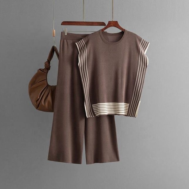 Fashion Suit Women's Striped Splicing Crew-neck Loose Knit Two-piece Set of High-waisted Straight Leg Wide-leg Pants