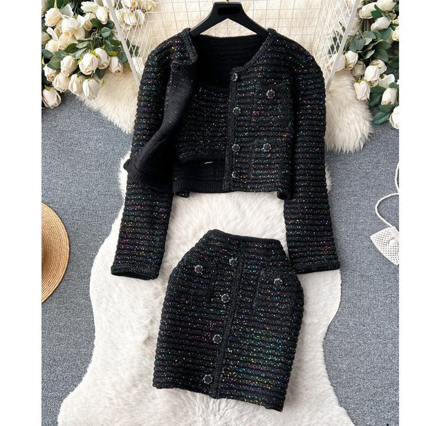 Elegant Casual Short Cardigan Sequin Knitted Set Autumn New Mini Skirt Set Shorts Two Piece Women's Clothing