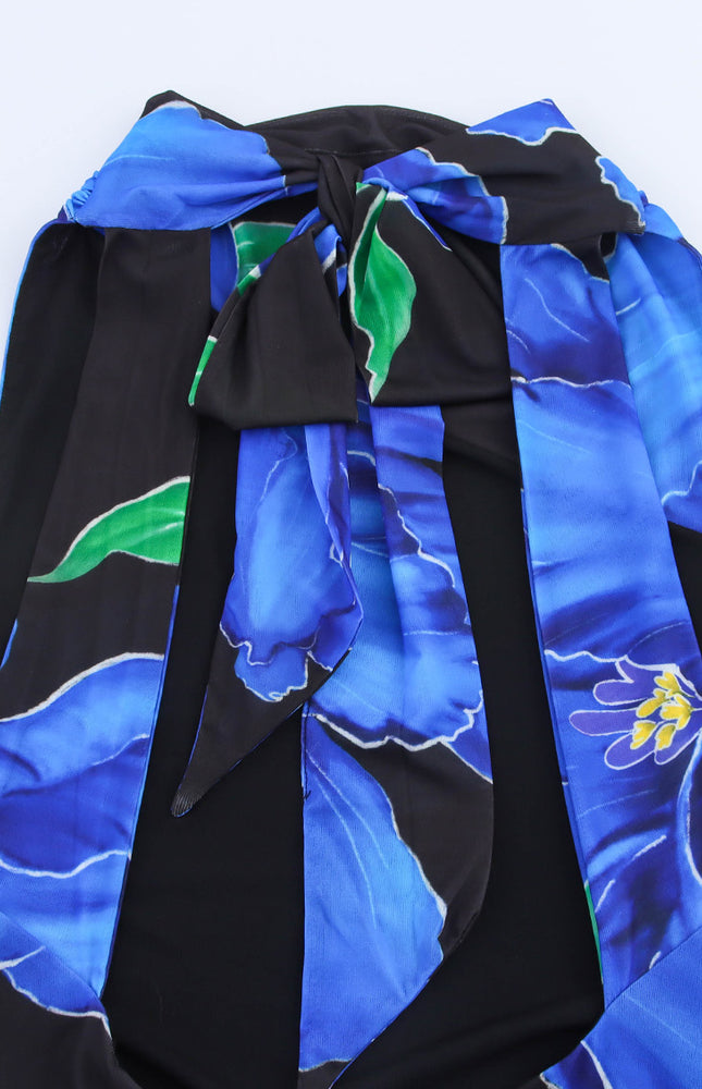 Floral Print Black Blue Color Back Hollow Out Sleeveless Summer Long Halter Dress for Women