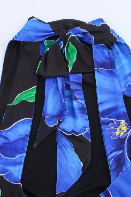 Floral Print Black Blue Color Back Hollow Out Sleeveless Summer Long Halter Dress for Women