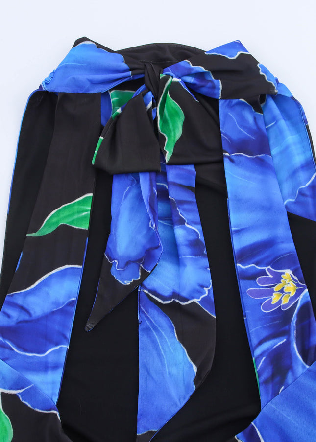 Floral Print Black Blue Color Back Hollow Out Sleeveless Summer Long Halter Dress for Women