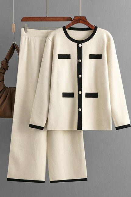 Wholesale Spring Round Neck Button Contrast Color Long Sleeve Top High Waist Wide Leg Knitted Trousers Women's Set