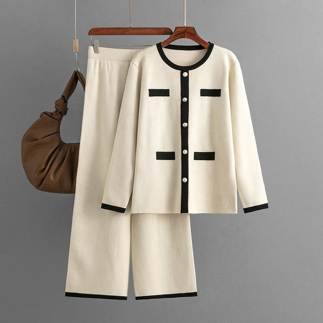 Wholesale Spring Round Neck Button Contrast Color Long Sleeve Top High Waist Wide Leg Knitted Trousers Women's Set