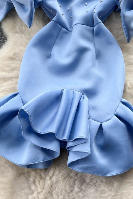 Women's Beads Bow Waist-tight First Love Sheath Fishtail Fairy Dress Female High Street Blue Dress