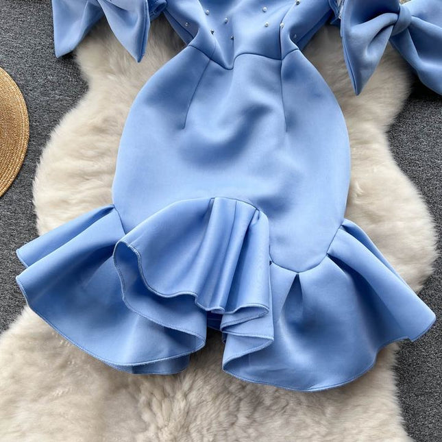 Women's Beads Bow Waist-tight First Love Sheath Fishtail Fairy Dress Female High Street Blue Dress