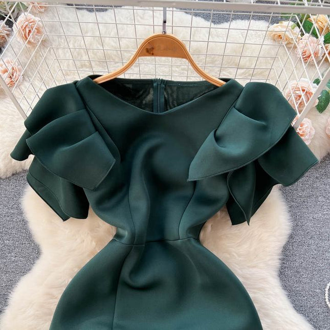 Summer New Crew Neck Ruffled Short Sleeve Package Hip Split Evening Dress Dresses