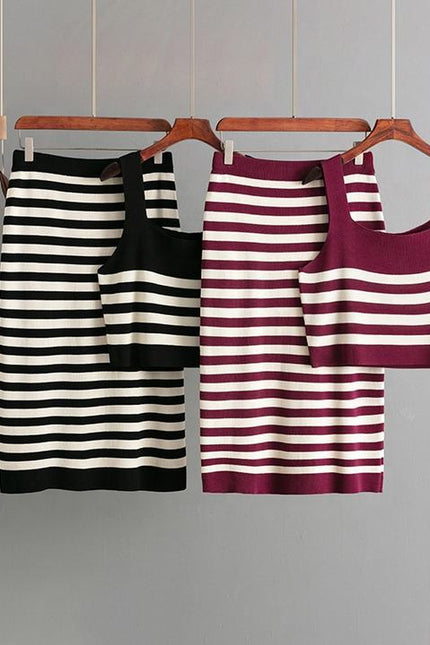 2025 New Set Women Two Pieces Set Knit Skirt Stripe Set