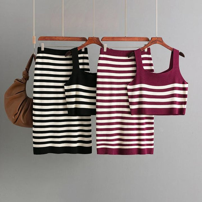 2025 New Set Women Two Pieces Set Knit Skirt Stripe Set