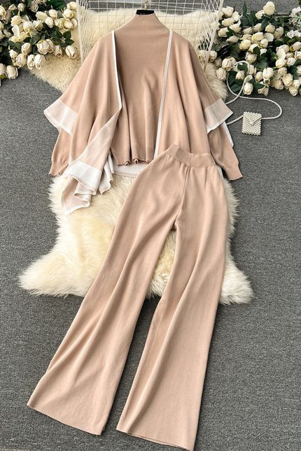 Autumn and Winter Loose and Lazy Style Cape Coat High Neck Pullover Knitted Sweater Casual Wide Leg Pants Three Piece Set