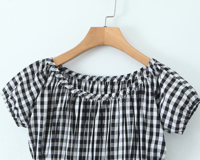 Crew Neck Short Sleeve Black White Color Plaid Print Hot Sale Casual Fashion Mini Dress for Women