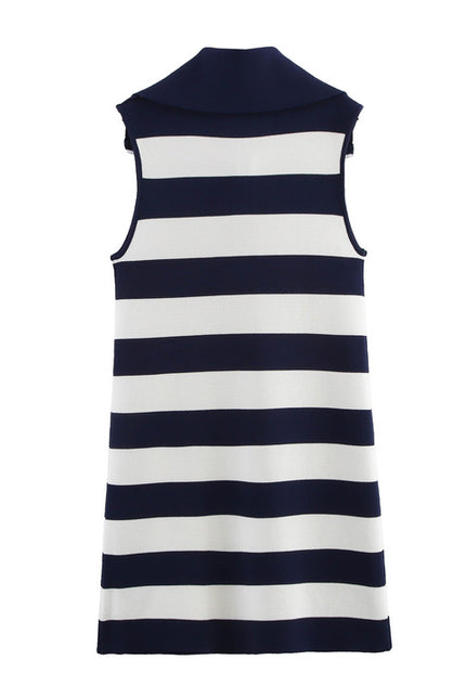 Turn Down Collar Zipper Fly Striped Pattern Navy White Color Sleeveless Casual Fashion Mini Knit Dress for Women