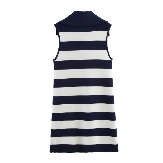 Turn Down Collar Zipper Fly Striped Pattern Navy White Color Sleeveless Casual Fashion Mini Knit Dress for Women