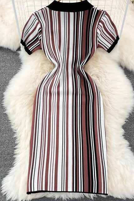 Summer New Retro Polo Collar Slim Striped Tight Knit Short Sleeve Dresses