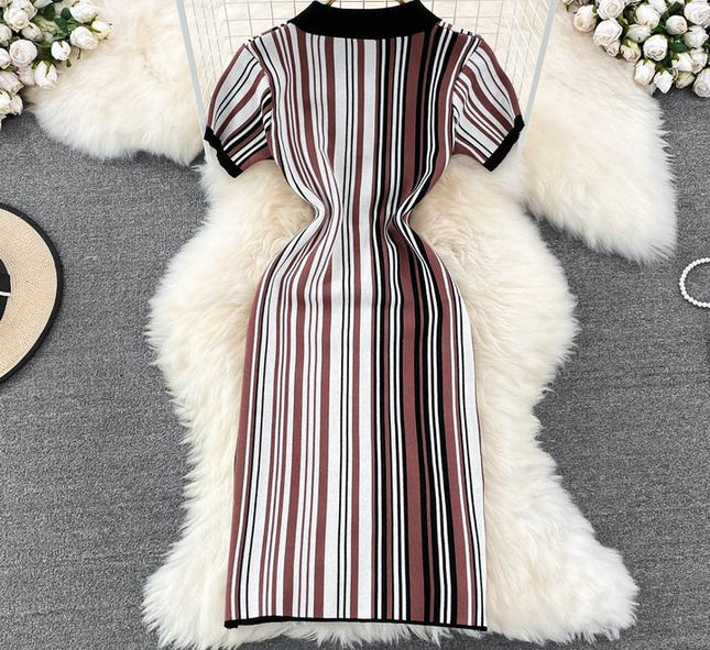 Summer New Retro Polo Collar Slim Striped Tight Knit Short Sleeve Dresses