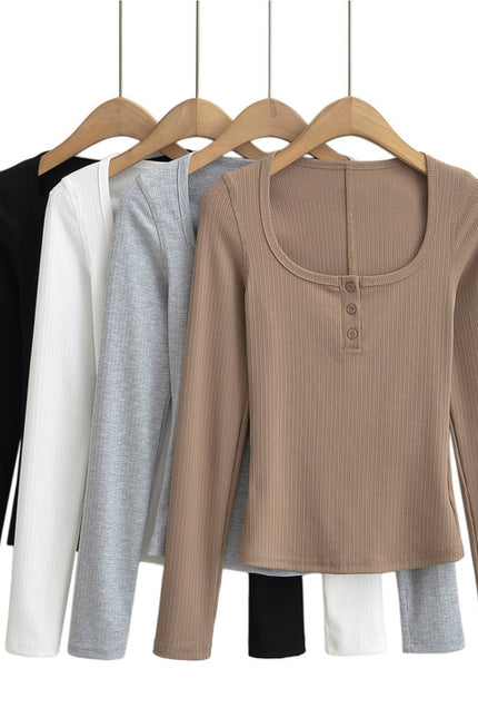 4 Colorway square Collar Buttons up Long Sleeve Solid Color Casual Fashion Women t Shirt