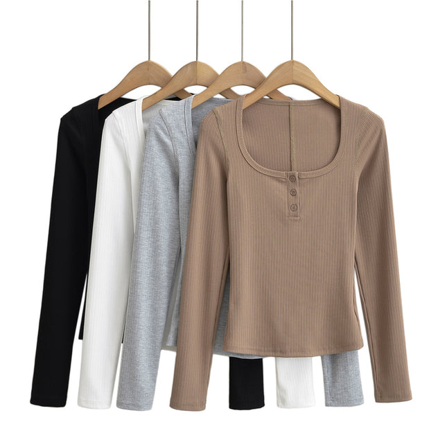 4 Colorway square Collar Buttons up Long Sleeve Solid Color Casual Fashion Women t Shirt