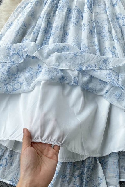 French Summer New Square Neck Waisted Short Sleeve Casual Floral Dresses