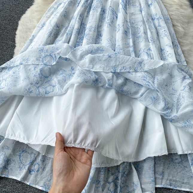 French Summer New Square Neck Waisted Short Sleeve Casual Floral Dresses
