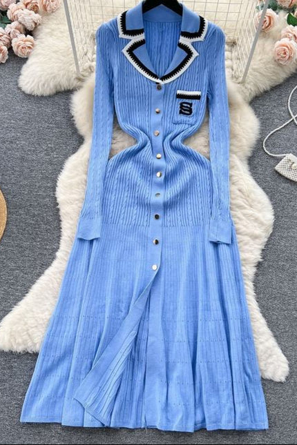 V-neck Women Knitted Spring Autumn Elegant Long Sleeve Ladies Fashion Maxi Dresses
