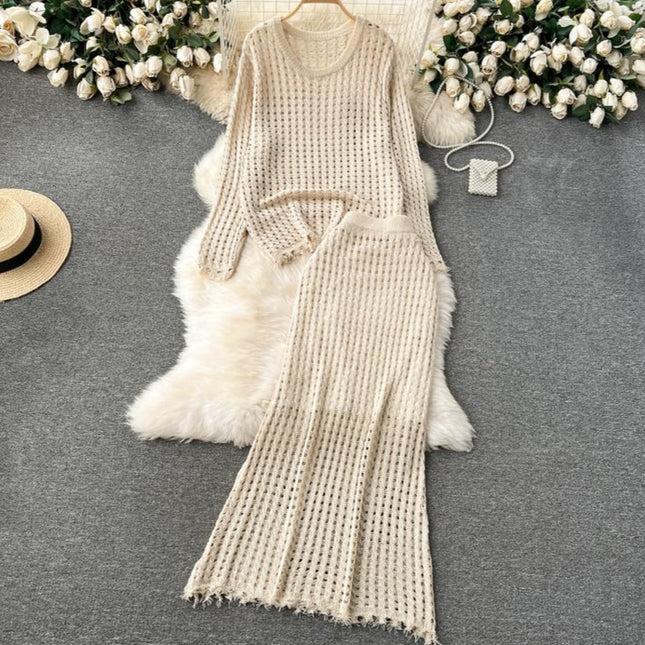 Lazy Style Knitted Suit with Women's Design Sense Hollowed Out Top Versatile Half Skirt Two-piece Set Trendy