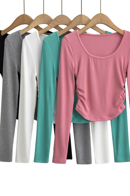5 Colorway Solid Color Side Pleated Long Sleeve Crew Neck Casual Fashion Knitted Women t Shirt