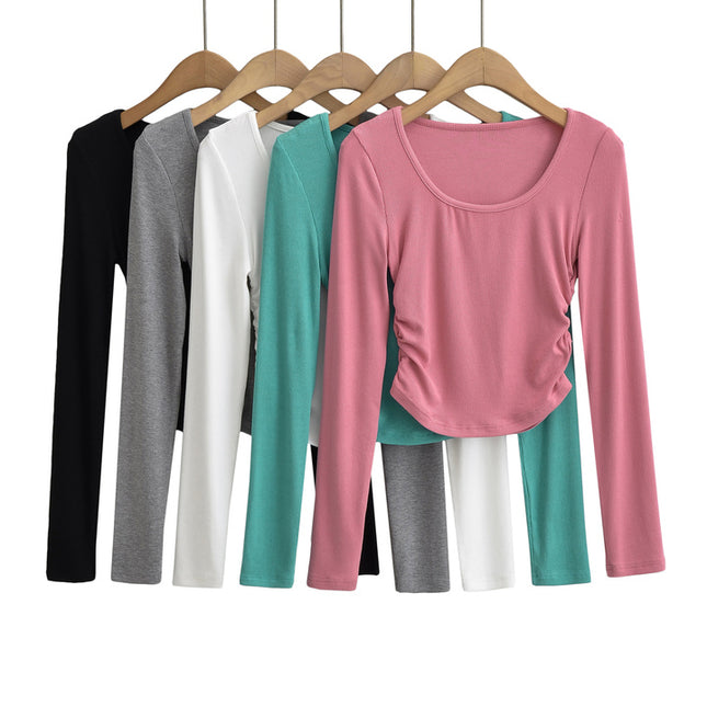 5 Colorway Solid Color Side Pleated Long Sleeve Crew Neck Casual Fashion Knitted Women t Shirt