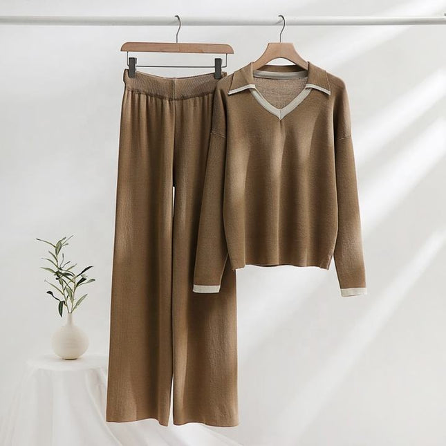 Casual Loose 2 Piece Set for Women V-neck Top High Waist Knitted Dress Set Jogging Suits Wholesale