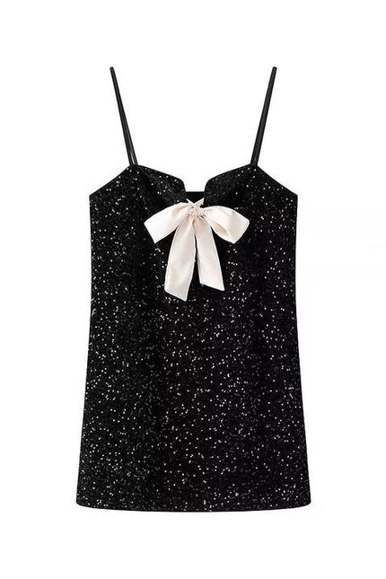 Spaghetti Strap Front Bow Tie Black Color Sequin Casual Fashion Summer Mini Dress for Women