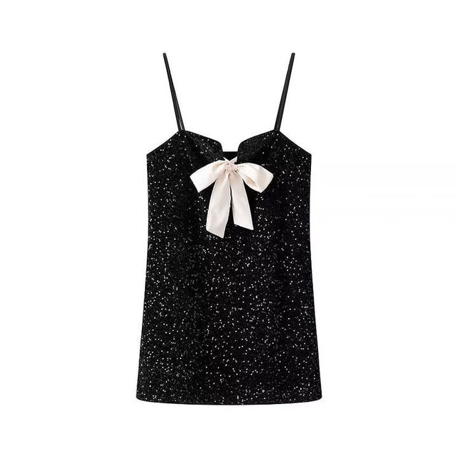 Spaghetti Strap Front Bow Tie Black Color Sequin Casual Fashion Summer Mini Dress for Women