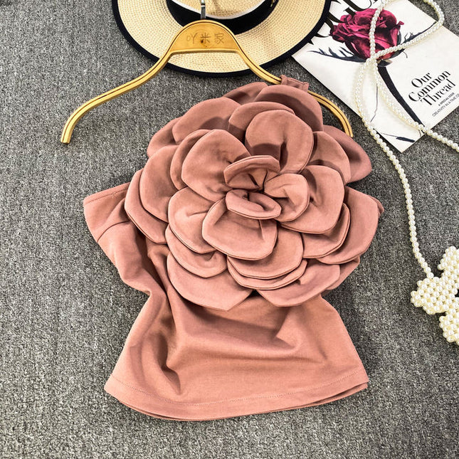 Estereoscópico Grande Flor Slant Pescoço Um Ombro Halter Vest Mulheres Outer Backless Top
