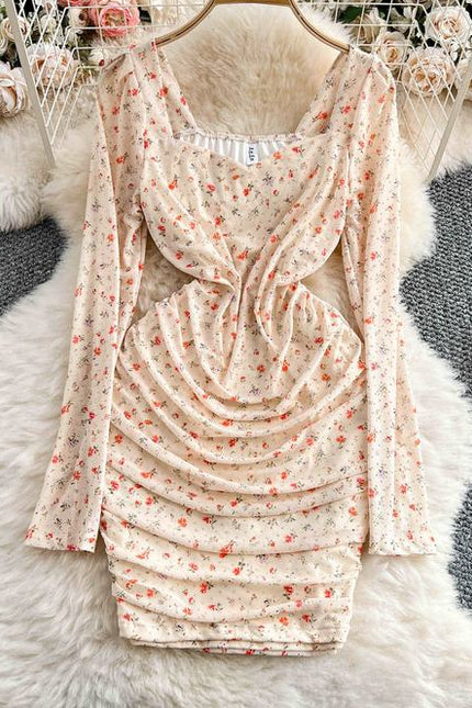 Francês Floral Praça Pescoço Vestido de Manga Longa Mulheres Verão Plissado Bainha Vestidos