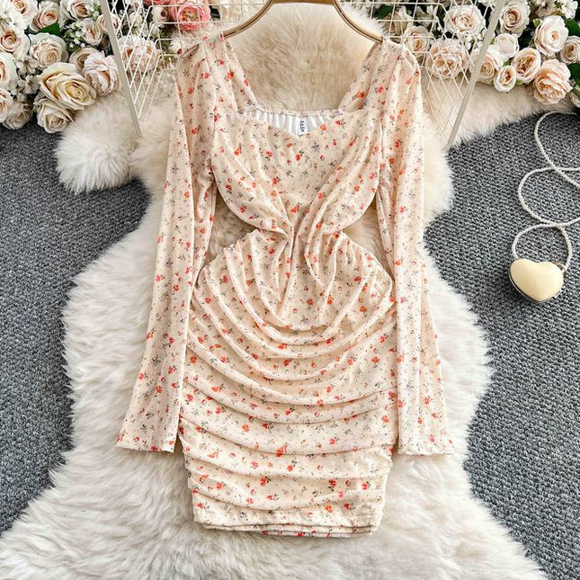 Francês Floral Praça Pescoço Vestido de Manga Longa Mulheres Verão Plissado Bainha Vestidos