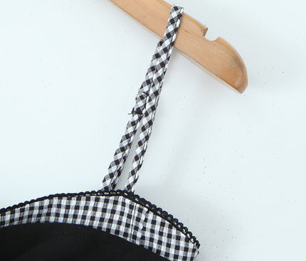 Spaghetti Trap Black Color Front Pleated Patchwork Design Casual Fashion Women's Crop tank Top