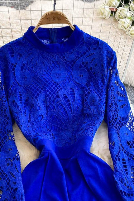 Lace Patchwork Lantern Sleeve Jumpsuit for Women in Spring and Autumn Wide Leg Pants