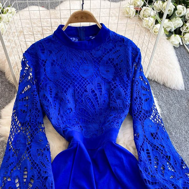 Lace Patchwork Lantern Sleeve Jumpsuit for Women in Spring and Autumn Wide Leg Pants