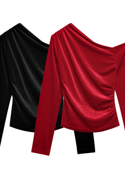 2 Colorway Asymmetrical Design Solid Color Long Sleeve Pleated Hot Sale Casual Fashion t Shirt for Women