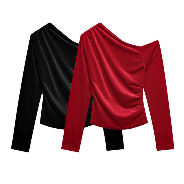 2 Colorway Asymmetrical Design Solid Color Long Sleeve Pleated Hot Sale Casual Fashion t Shirt for Women
