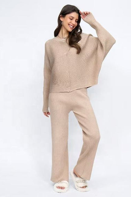 Autumn and Winter Loose Bat Sleeve Knitted Single Breasted Sweater High Waist Wide Leg Pants Knitted Set for Women