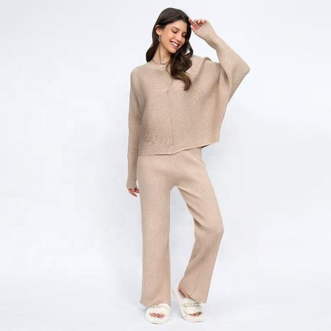 Autumn and Winter Loose Bat Sleeve Knitted Single Breasted Sweater High Waist Wide Leg Pants Knitted Set for Women